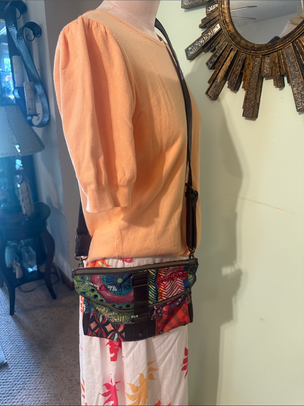 Desigual Multicolor Patchwork Crossbody Bag with Brown Strap